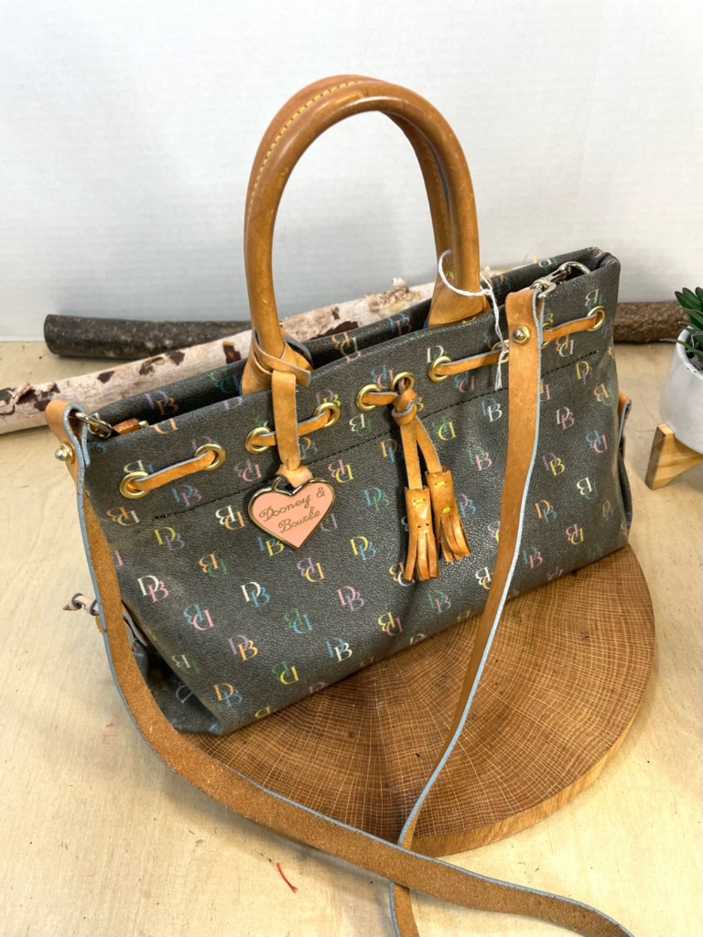 Vintage Dooney & Bourke All Weather Leather Satchel Brown Tan Brass Duck Fob - Picture 11 of 16